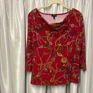 Talbots 3/4 sleeve cowl neck knit top, equestrian pattern, petite medium,